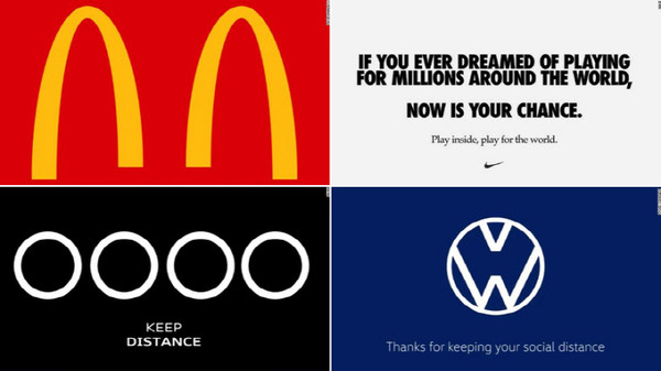 유명 브랜드의 사회적 거리 두기 캠페인 (왼쪽 위부터 맥도날드, 나이키, 아우디, 폭스바겐) / 출처: CNN