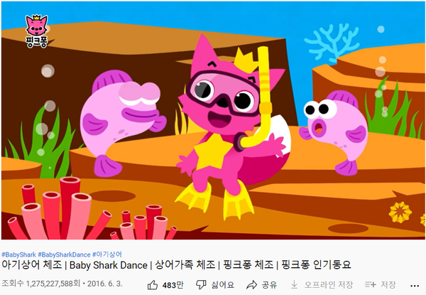 조회수 12억회의 메가 히트를 기록한 핑크퐁의 '아기상어' / 출처 Youtube '핑크퐁'