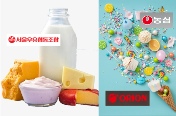 서울우유협동조합, 오리온, 농심 공식 홈페이지 캡쳐 / 핀터레이스 KORpngtree 우유, 과자