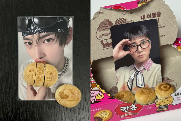 ▲ 아이돌 팬덤 사이에서 확산되는 칸쵸 인증 열풍 (출처: (좌) X @kimyshb (우) X @howtoloxe)